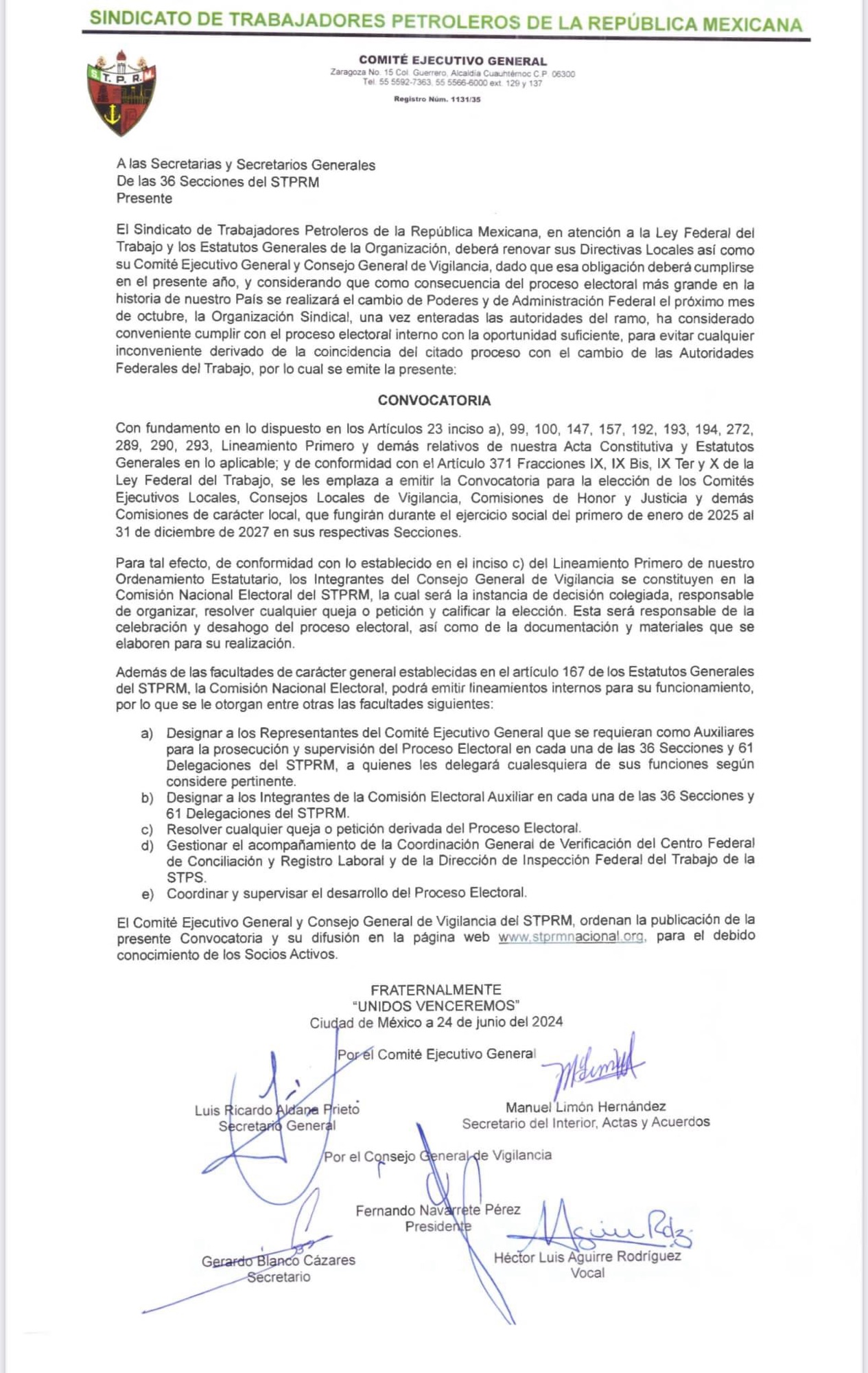 Habemus convocatoria para la renovación del Comité Ejecutivo Nacional del STPRM